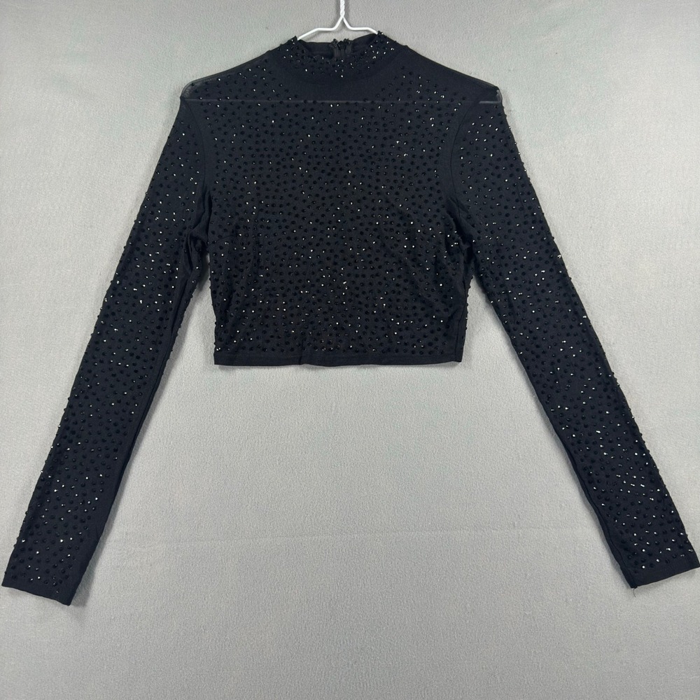 Banjul Black Rhinestone Mock Neck Crop Top Long Sleeve BCCT8025P2 Medium